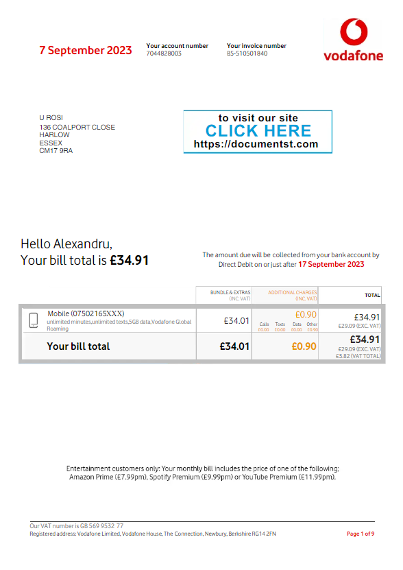 UNITED KINGDOM VODAFONE utility bill Word and PDF template, version 3